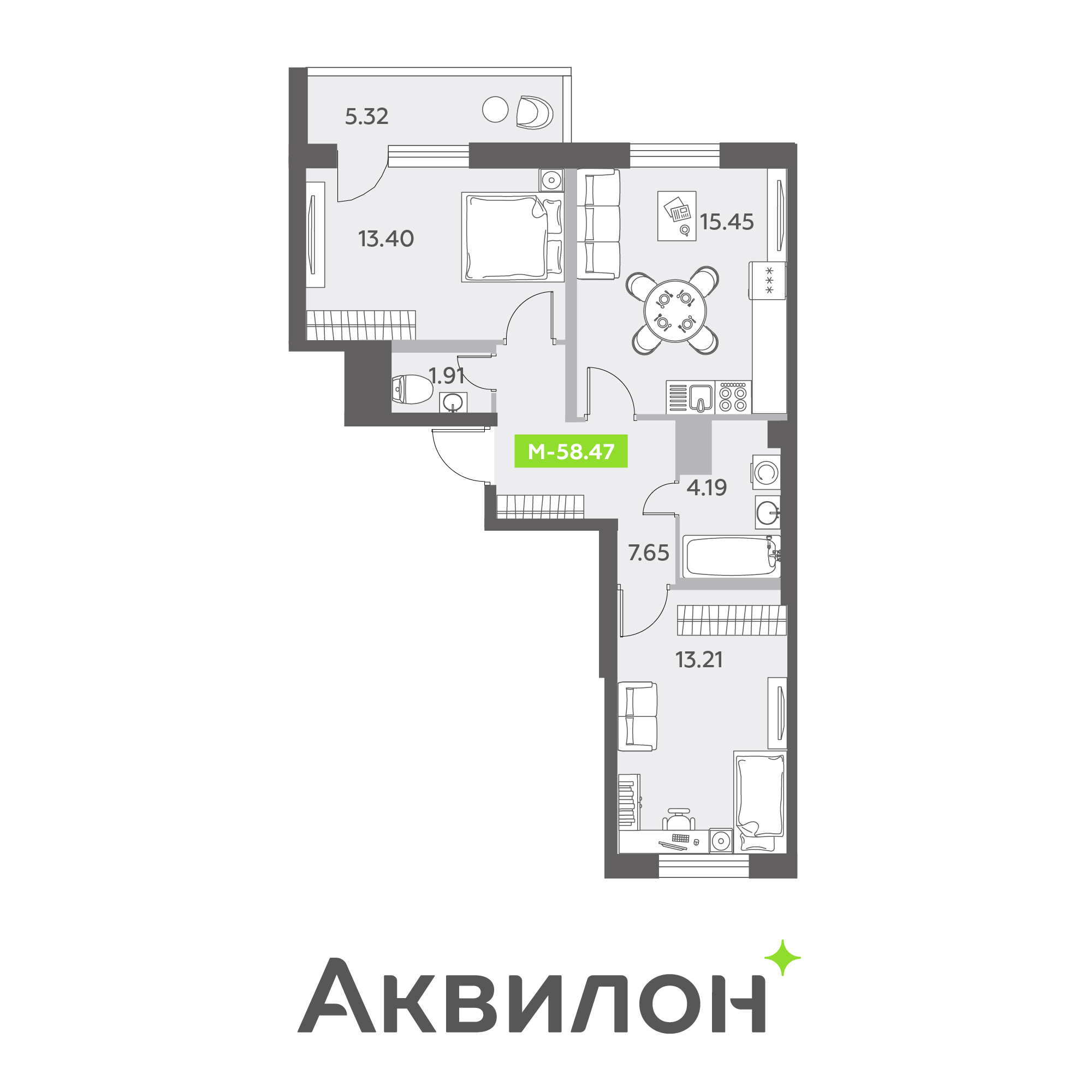 2 комн. квартира, 58.5 м², 12 этаж 