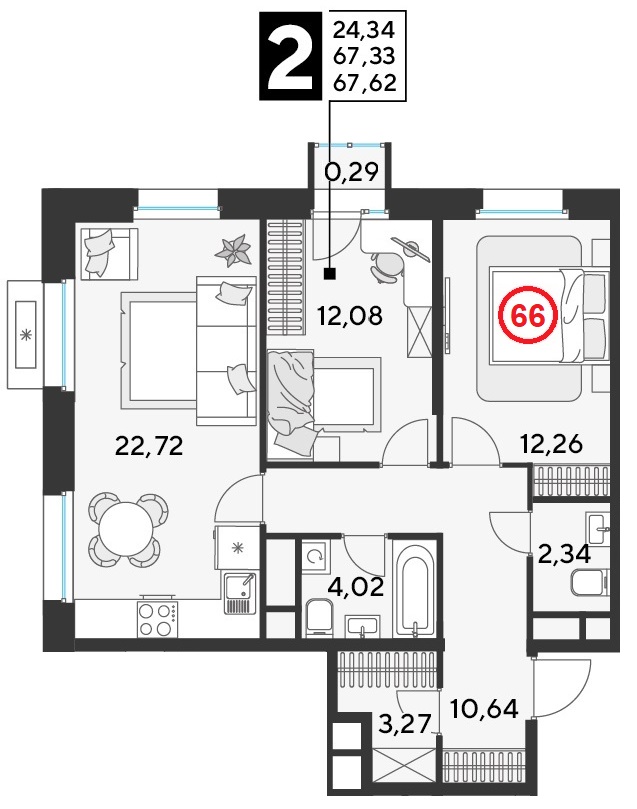 2 комн. квартира, 67.6 м², 7 этаж 