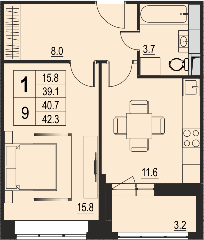 1 комн. квартира, 40.7 м², 11 этаж 