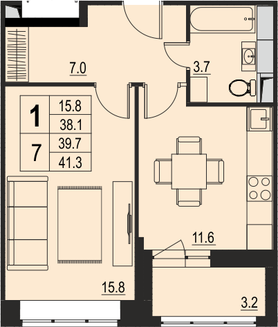 1 комн. квартира, 39.7 м², 3 этаж 