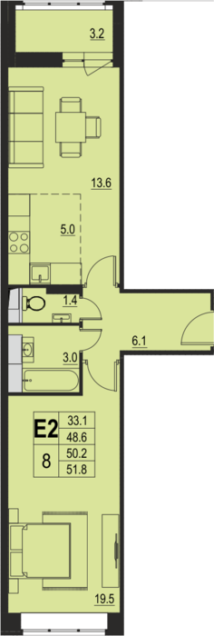 2 комн. квартира, 50.2 м², 17 этаж 
