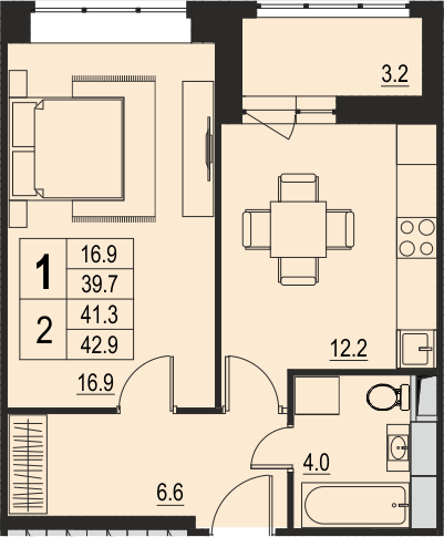 1 комн. квартира, 41.3 м², 12 этаж 