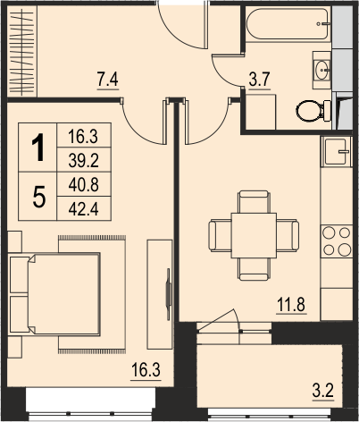 1 комн. квартира, 40.8 м², 10 этаж 