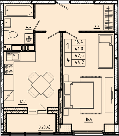 1 комн. квартира, 42.6 м², 13 этаж 