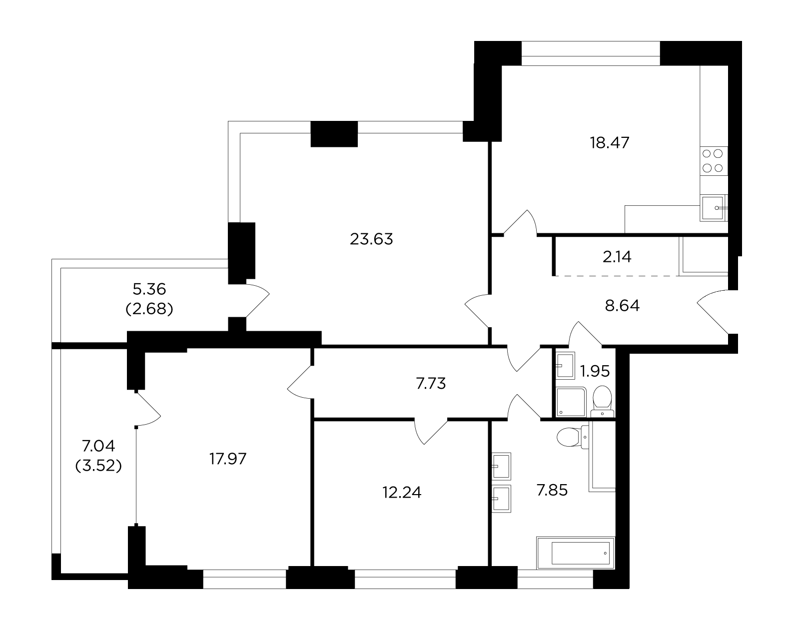 3 комн. квартира, 107.1 м², 8 этаж 