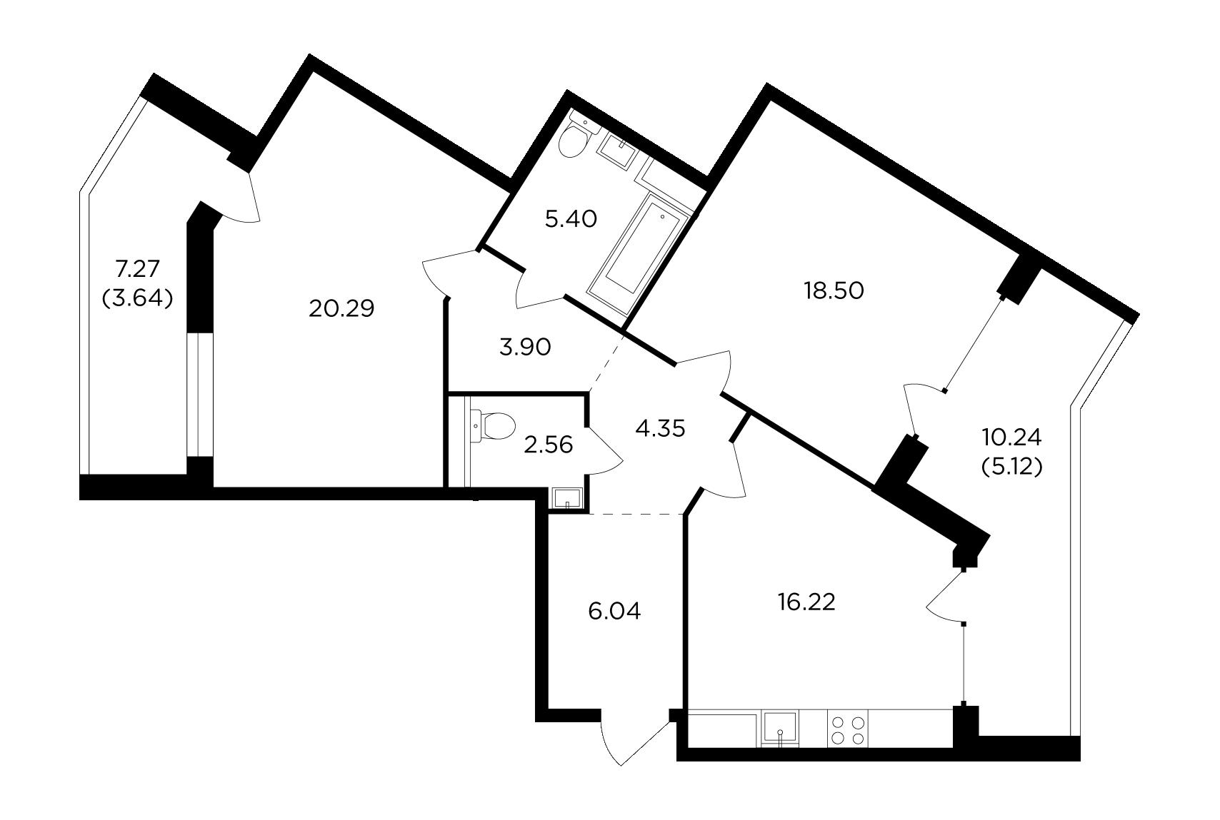 2 комн. квартира, 88.1 м², 13 этаж 