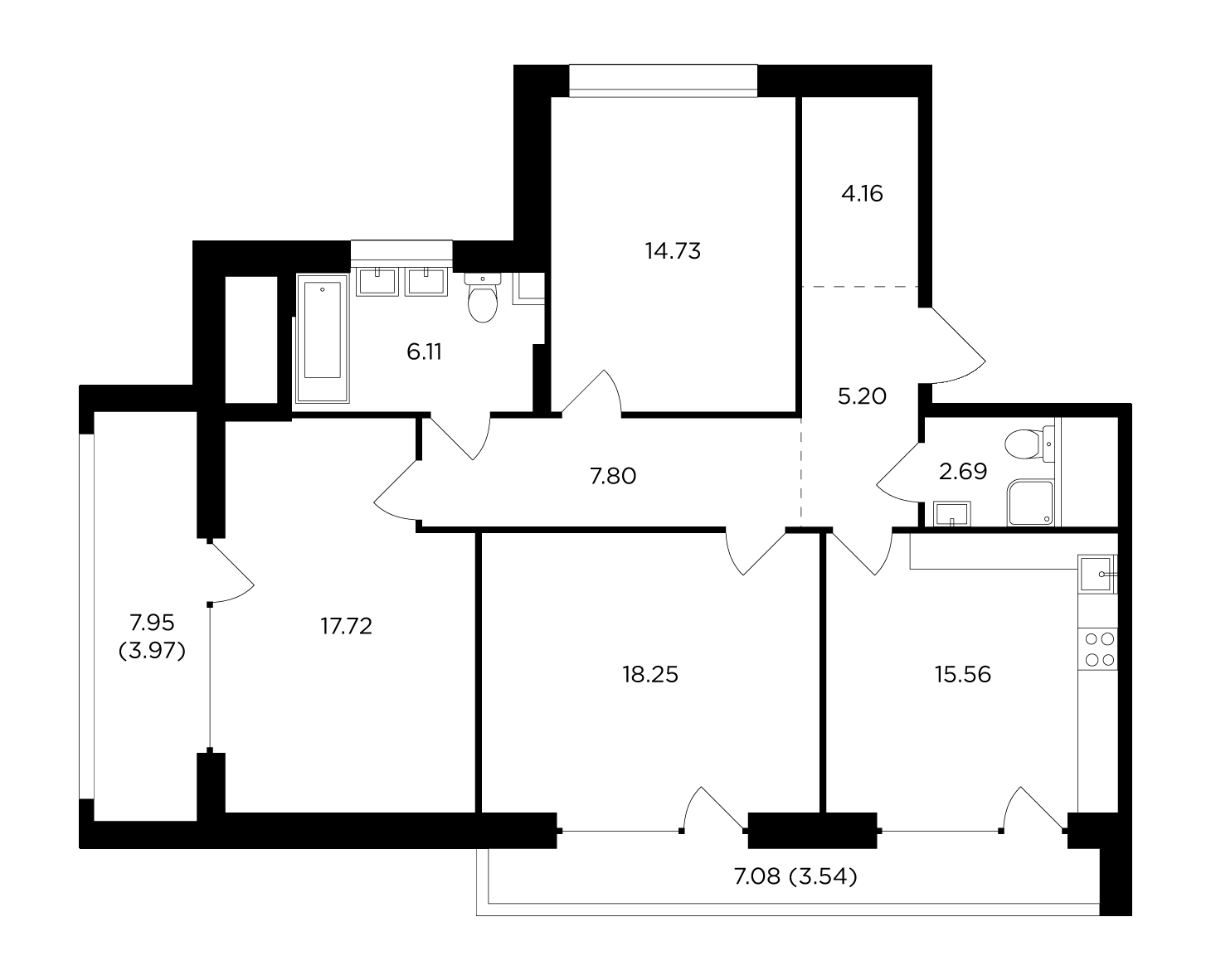 3 комн. квартира, 99.2 м², 12 этаж 