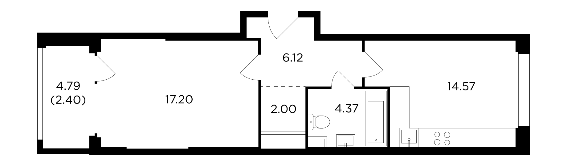 1 комн. квартира, 46.4 м², 19 этаж 
