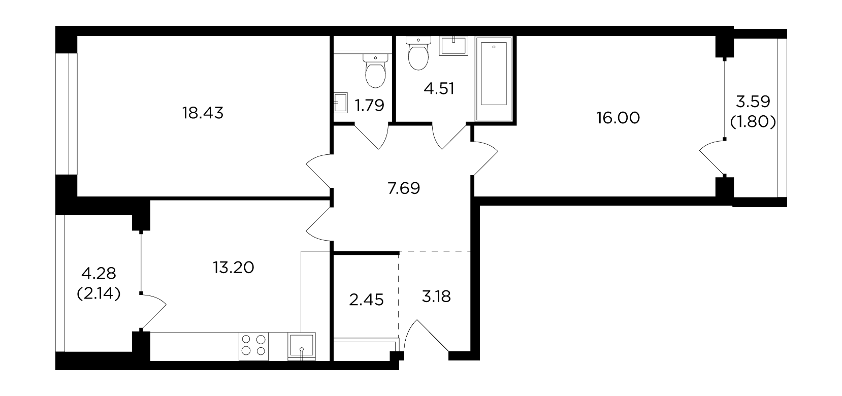 2 комн. квартира, 71.5 м², 4 этаж 
