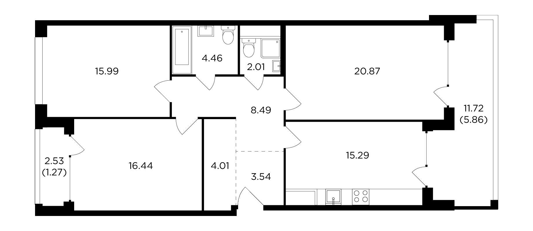 3 комн. квартира, 99.9 м², 16 этаж 