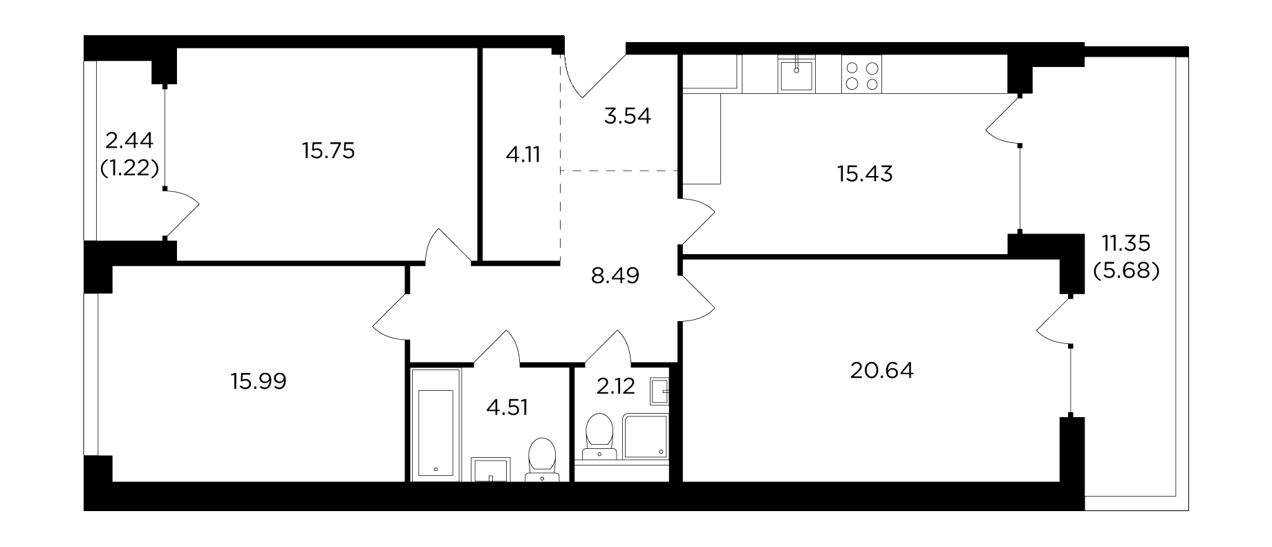 3 комн. квартира, 99.5 м², 12 этаж 