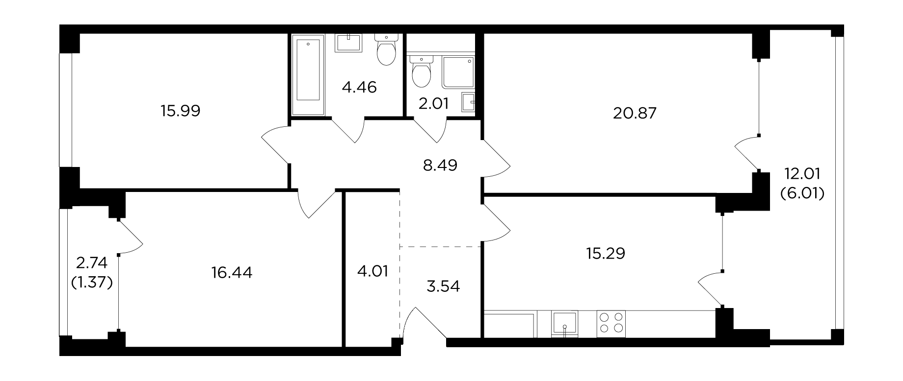 3 комн. квартира, 98.5 м², 12 этаж 