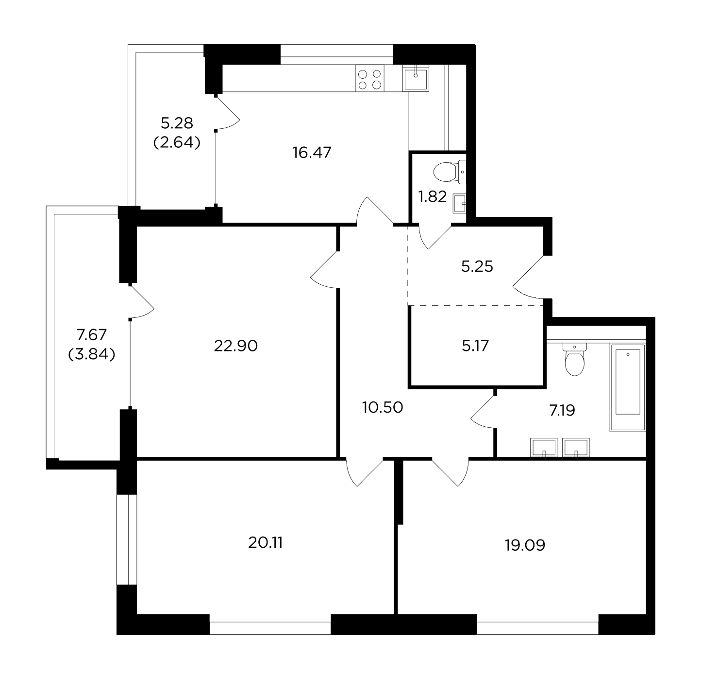 3 комн. квартира, 115 м², 13 этаж 