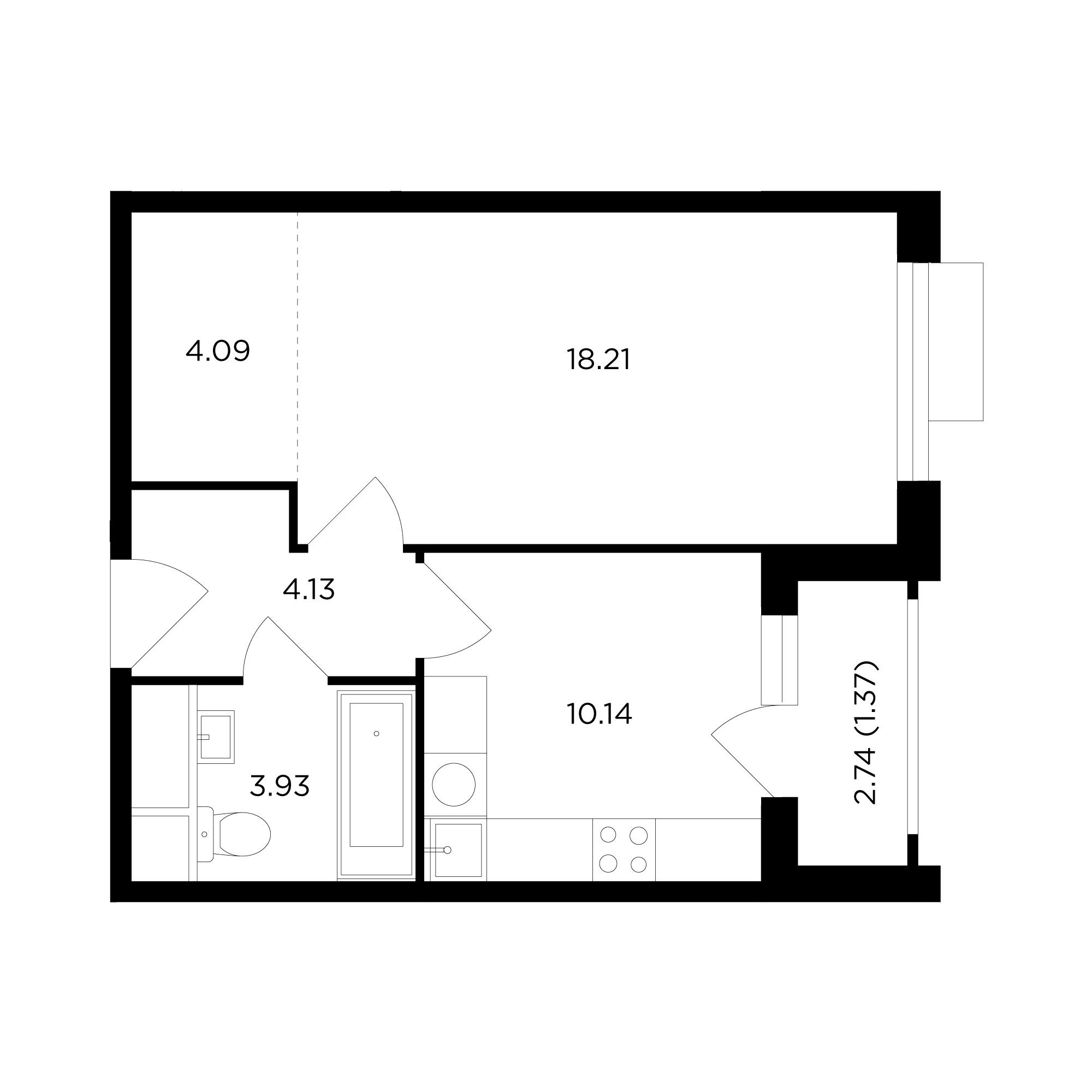 1 комн. квартира, 42 м², 24 этаж 