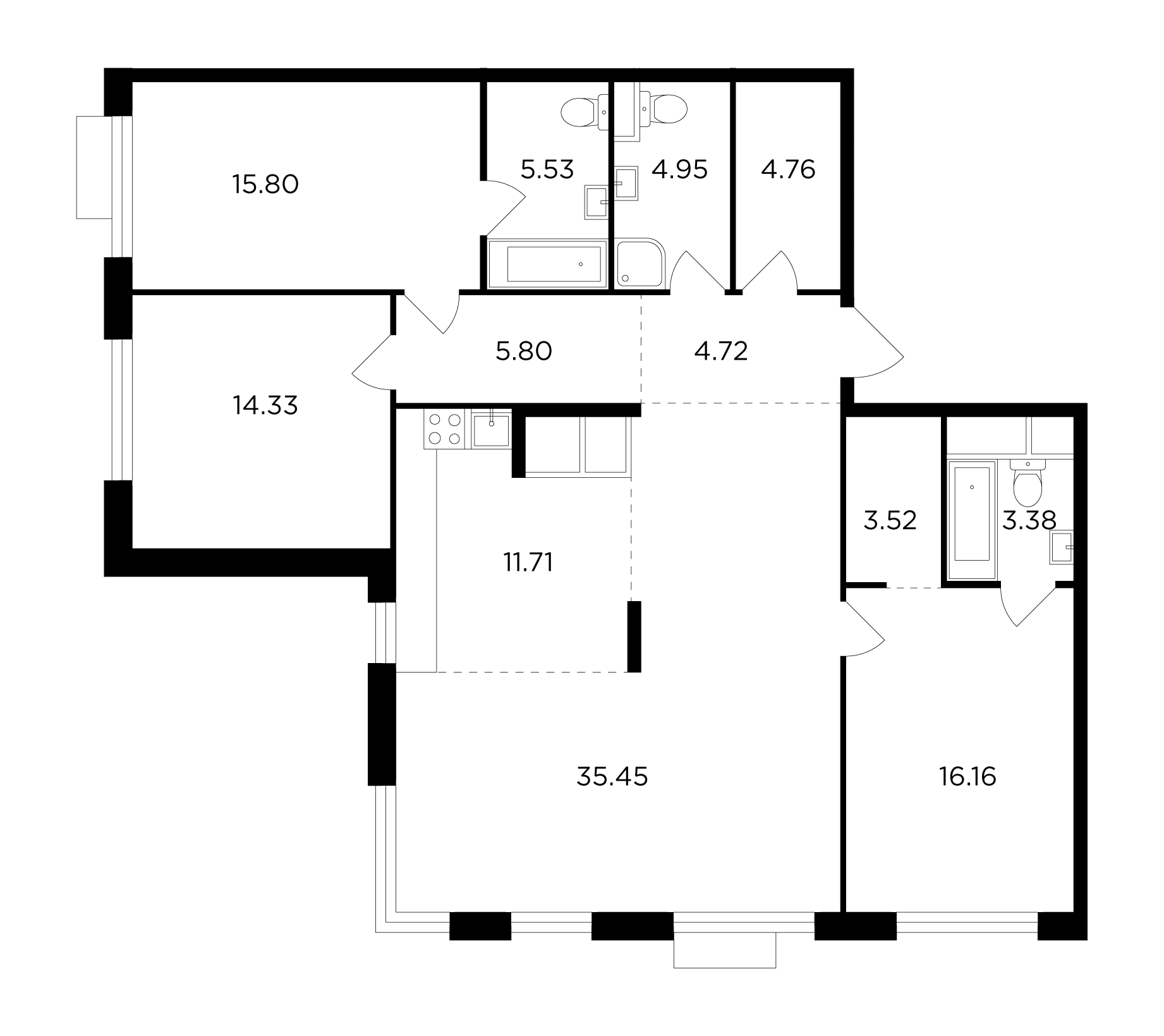 4 комн. квартира, 126.3 м², 26 этаж 