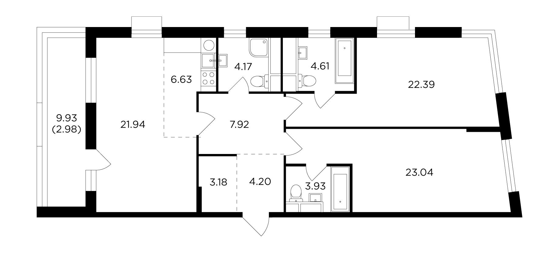 3 комн. квартира, 104.9 м², 25 этаж 