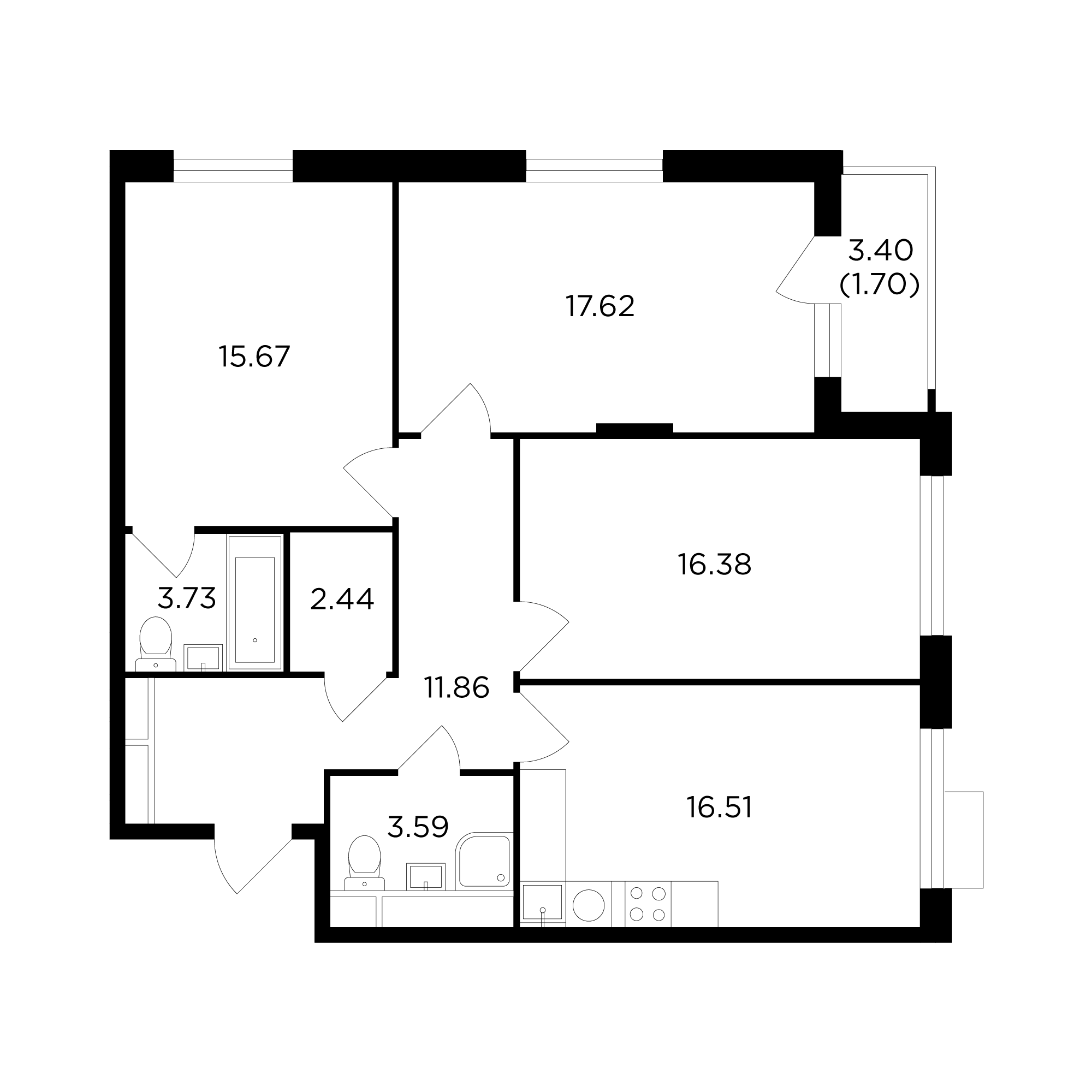 3 комн. квартира, 88.6 м², 4 этаж 