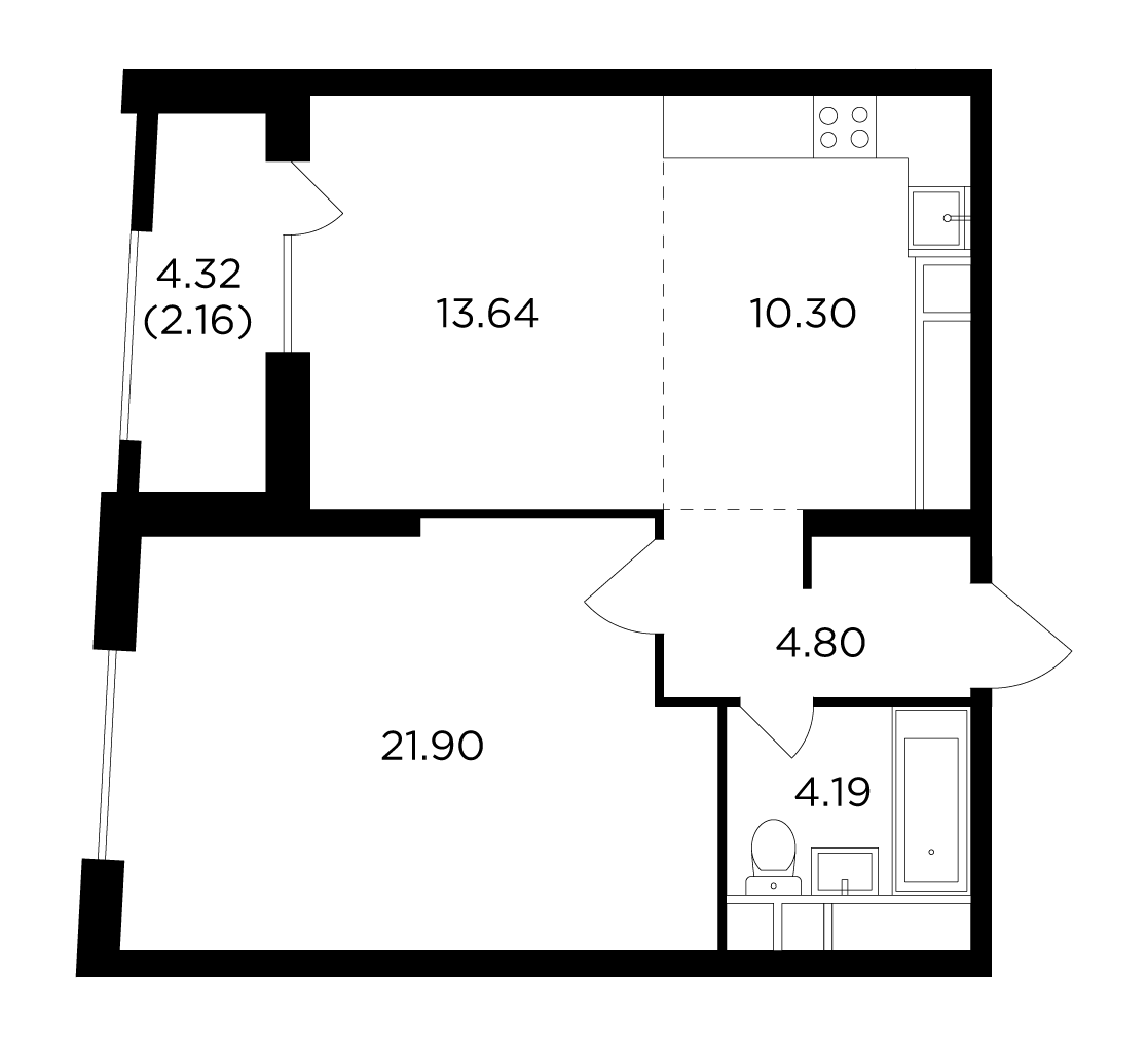 2 комн. квартира, 56.6 м², 28 этаж 