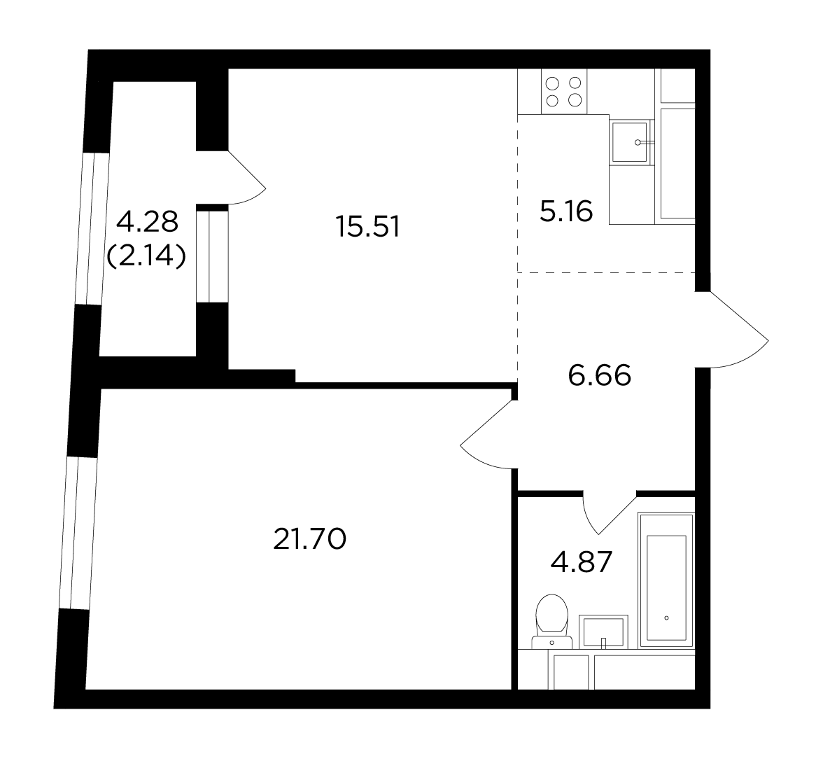 2 комн. квартира, 56 м², 23 этаж 