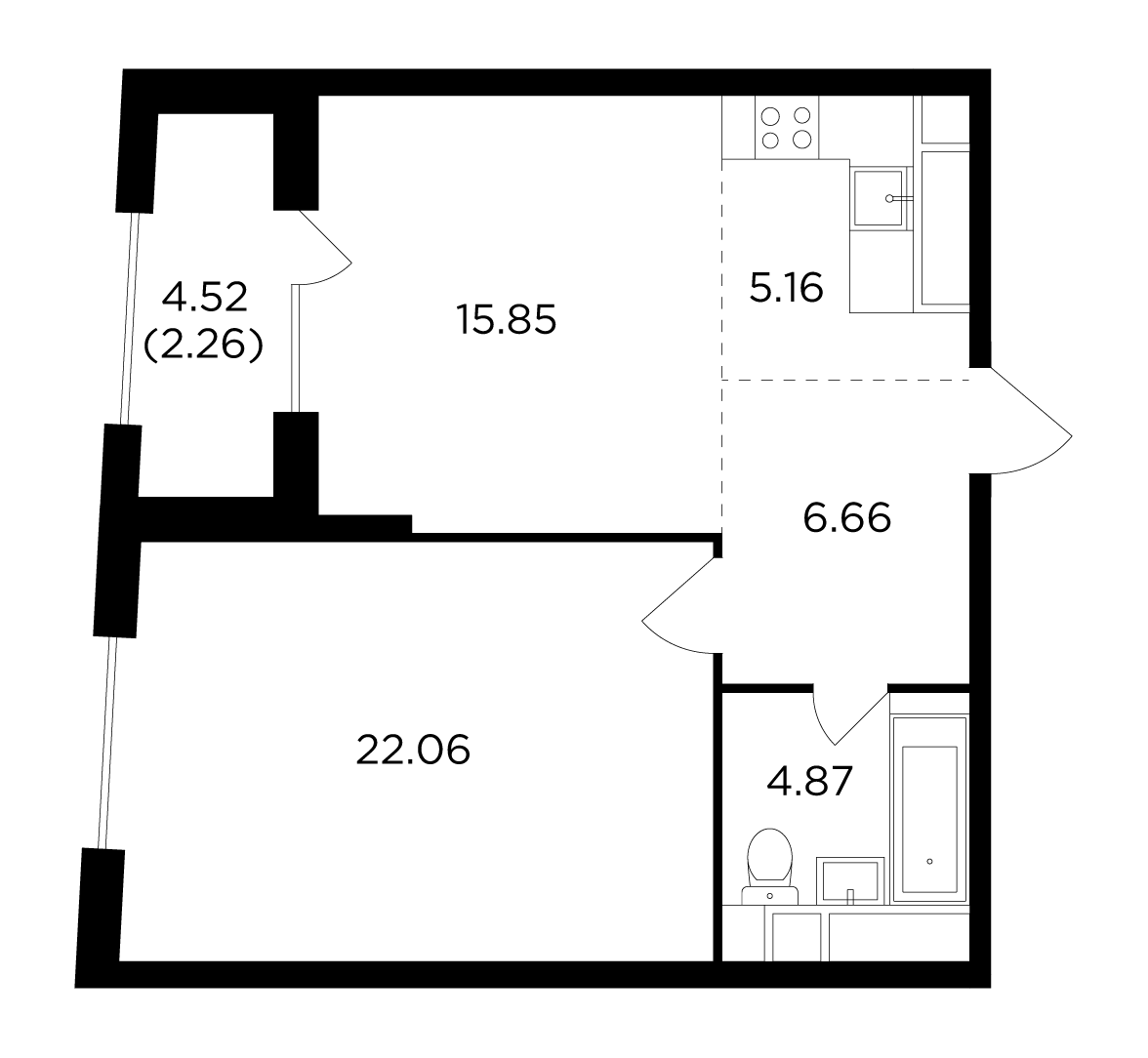 2 комн. квартира, 56.7 м², 27 этаж 