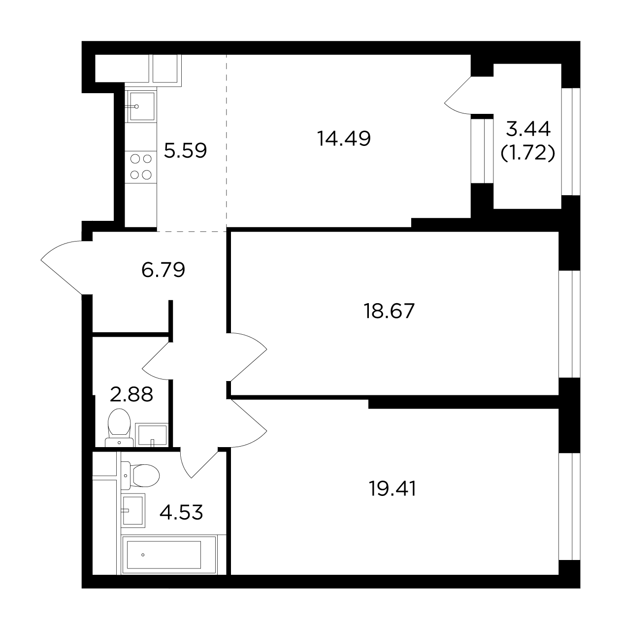 3 комн. квартира, 74.3 м², 22 этаж 