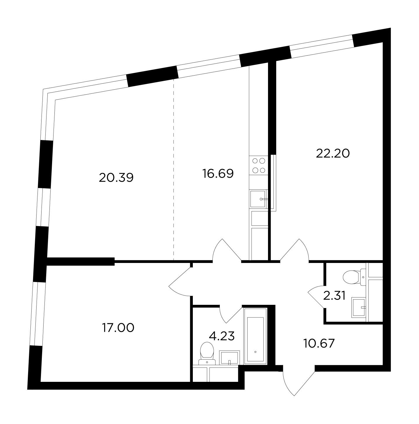 3 комн. квартира, 93.7 м², 12 этаж 