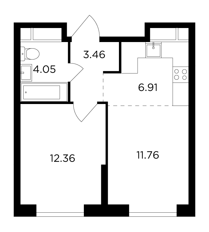 2 комн. квартира, 37.5 м², 30 этаж 
