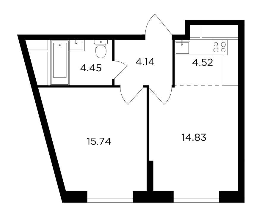 2 комн. квартира, 42.6 м², 29 этаж 