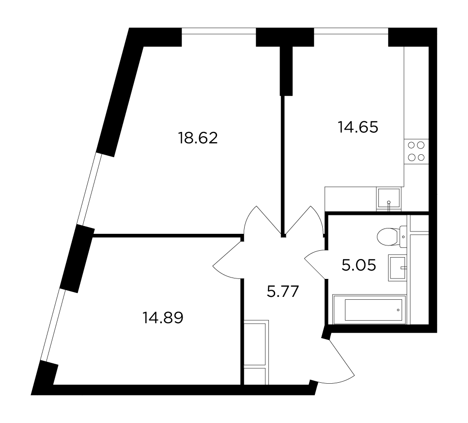 2 комн. квартира, 57.5 м², 30 этаж 