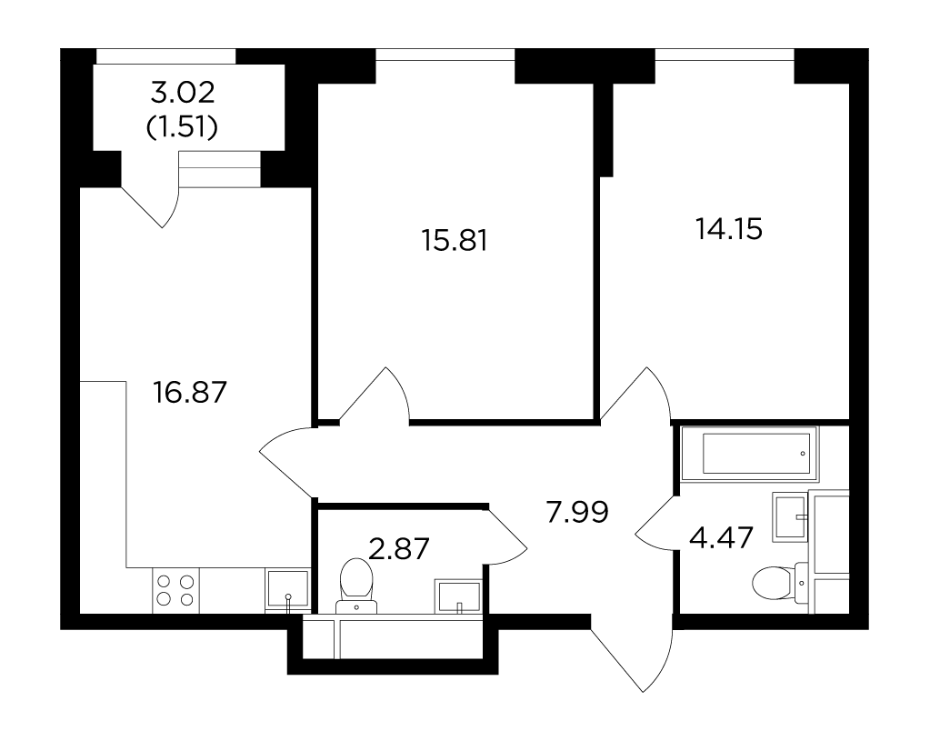 2 комн. квартира, 62.3 м², 30 этаж 