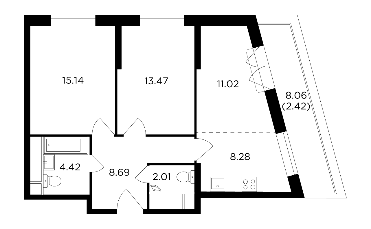 3 комн. квартира, 65.5 м², 12 этаж 