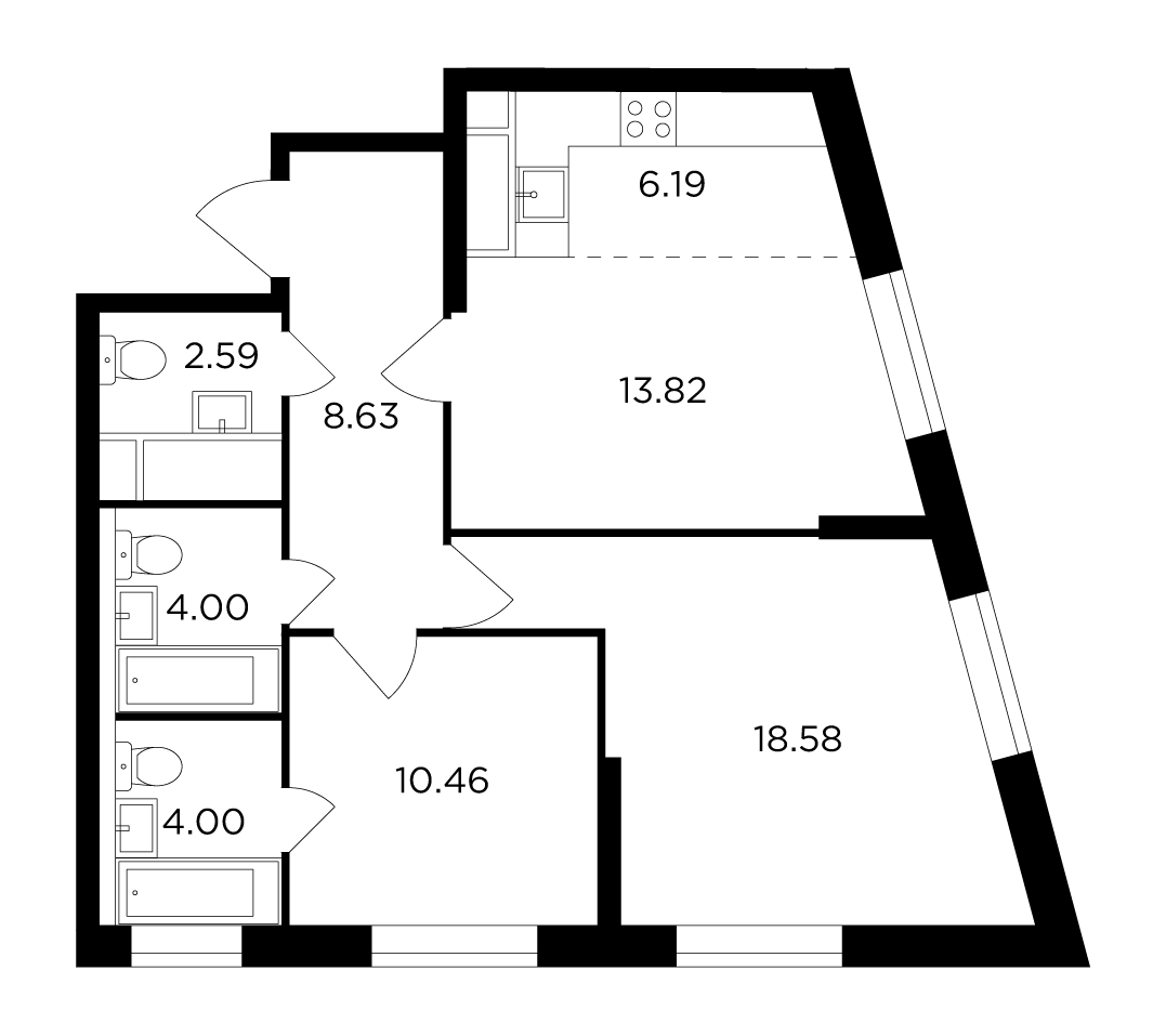3 комн. квартира, 69.2 м², 22 этаж 