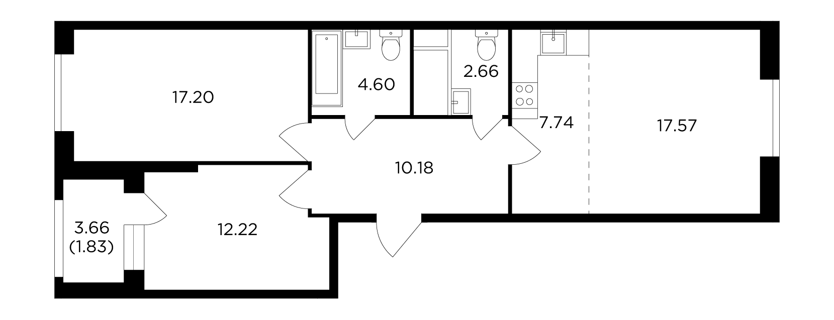 3 комн. квартира, 72.9 м², 30 этаж 