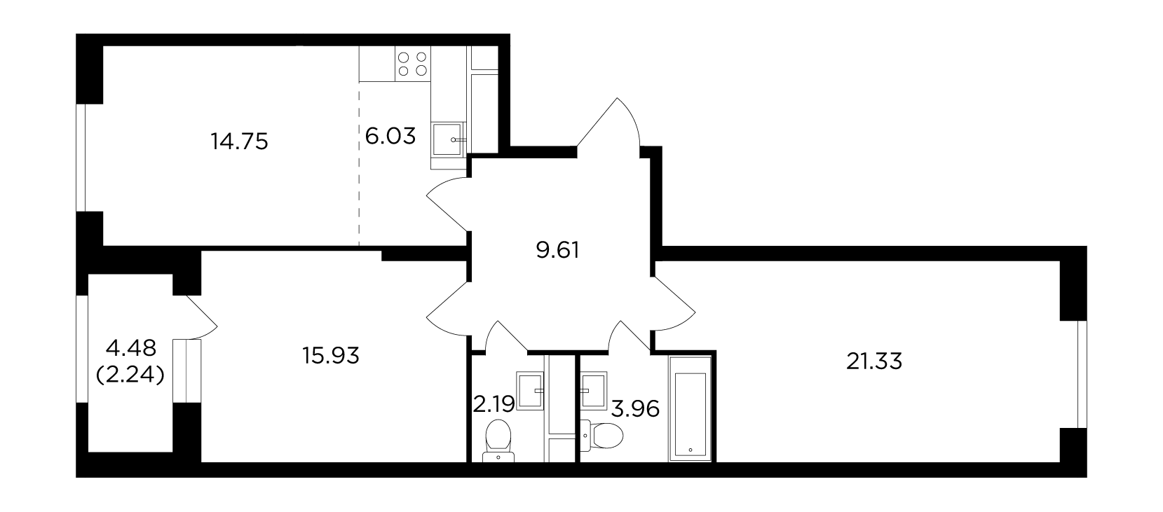 3 комн. квартира, 74.8 м², 29 этаж 
