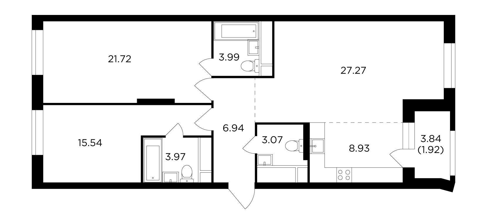 3 комн. квартира, 93.3 м², 23 этаж 