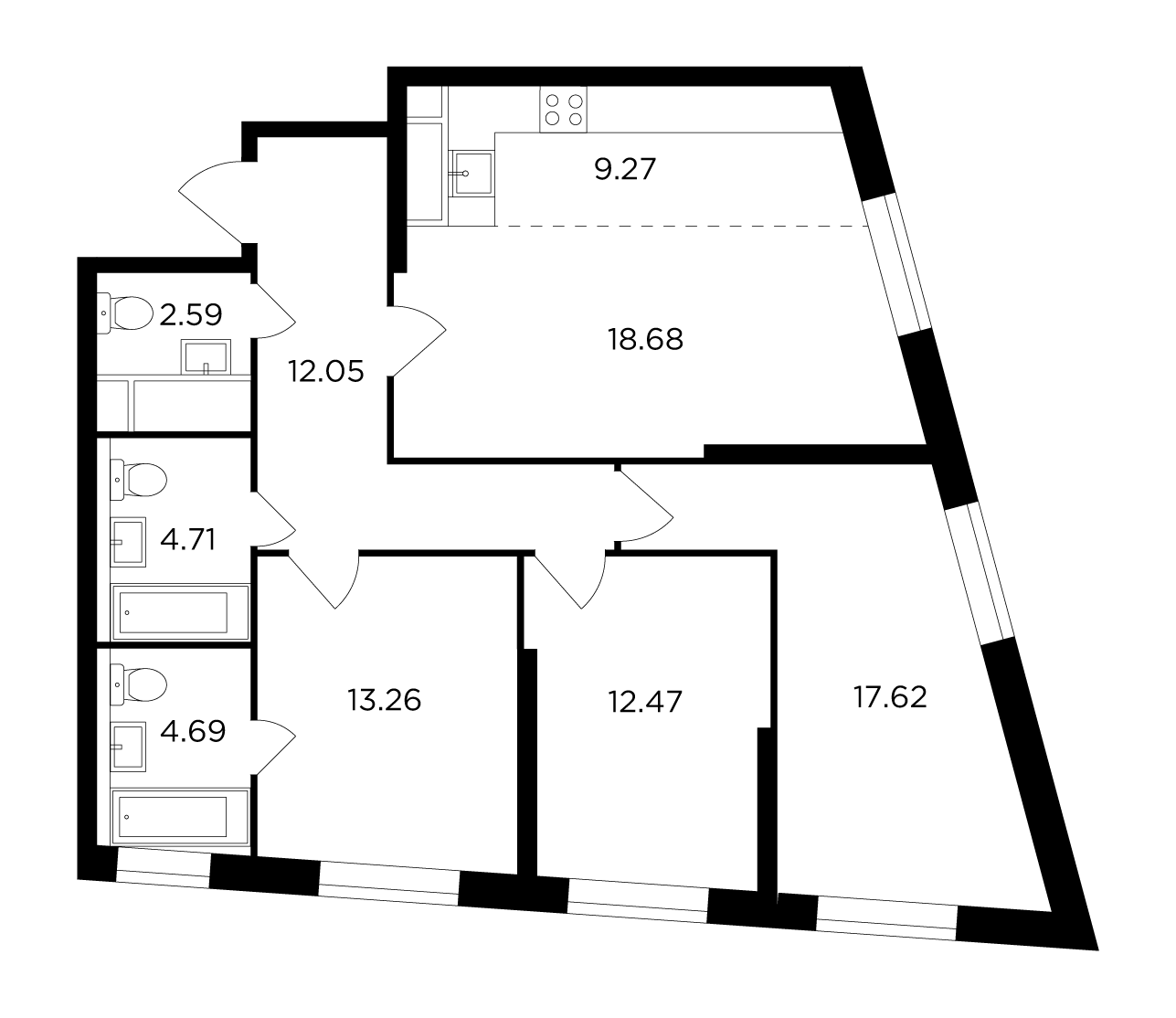 4 комн. квартира, 96.1 м², 10 этаж 