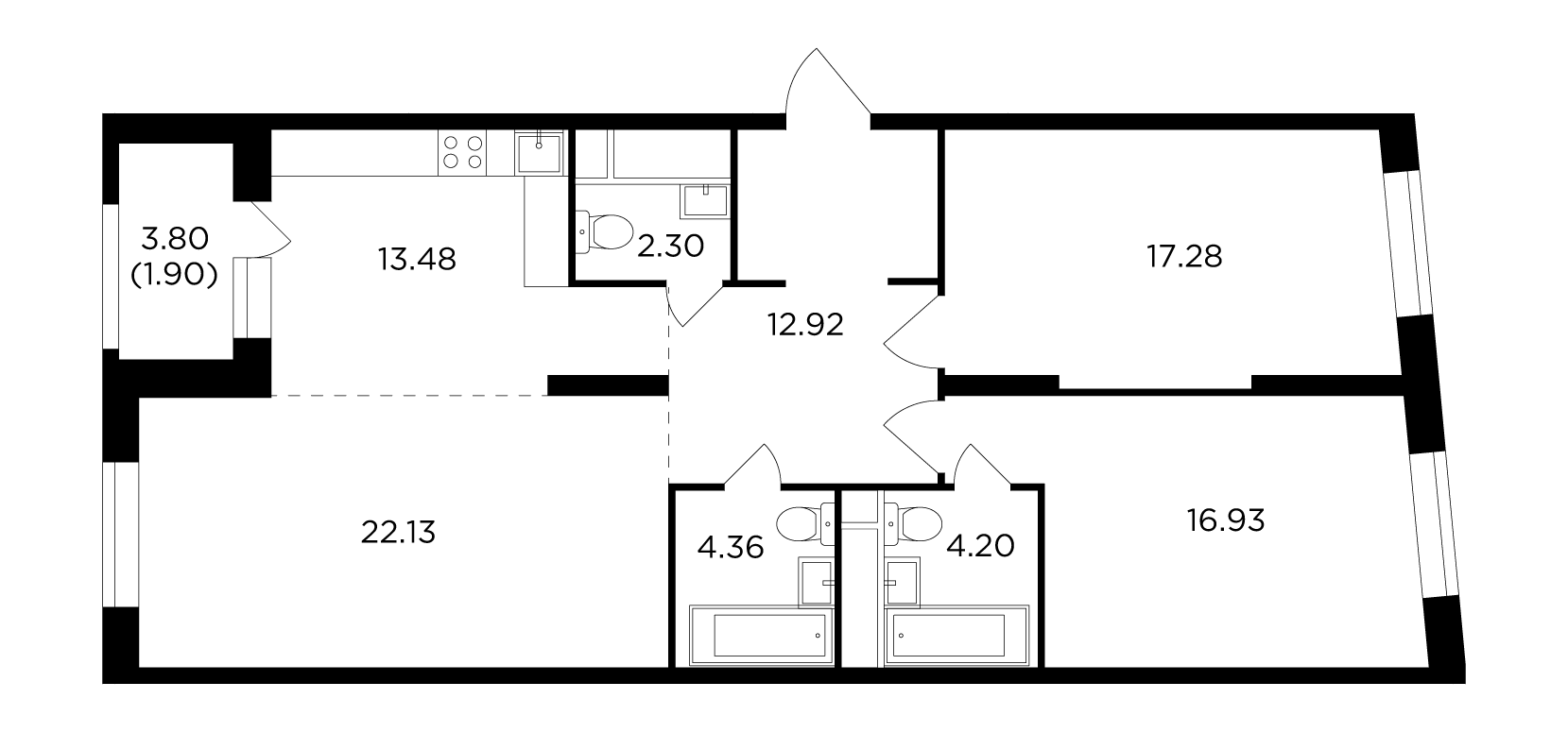 3 комн. квартира, 95.3 м², 28 этаж 