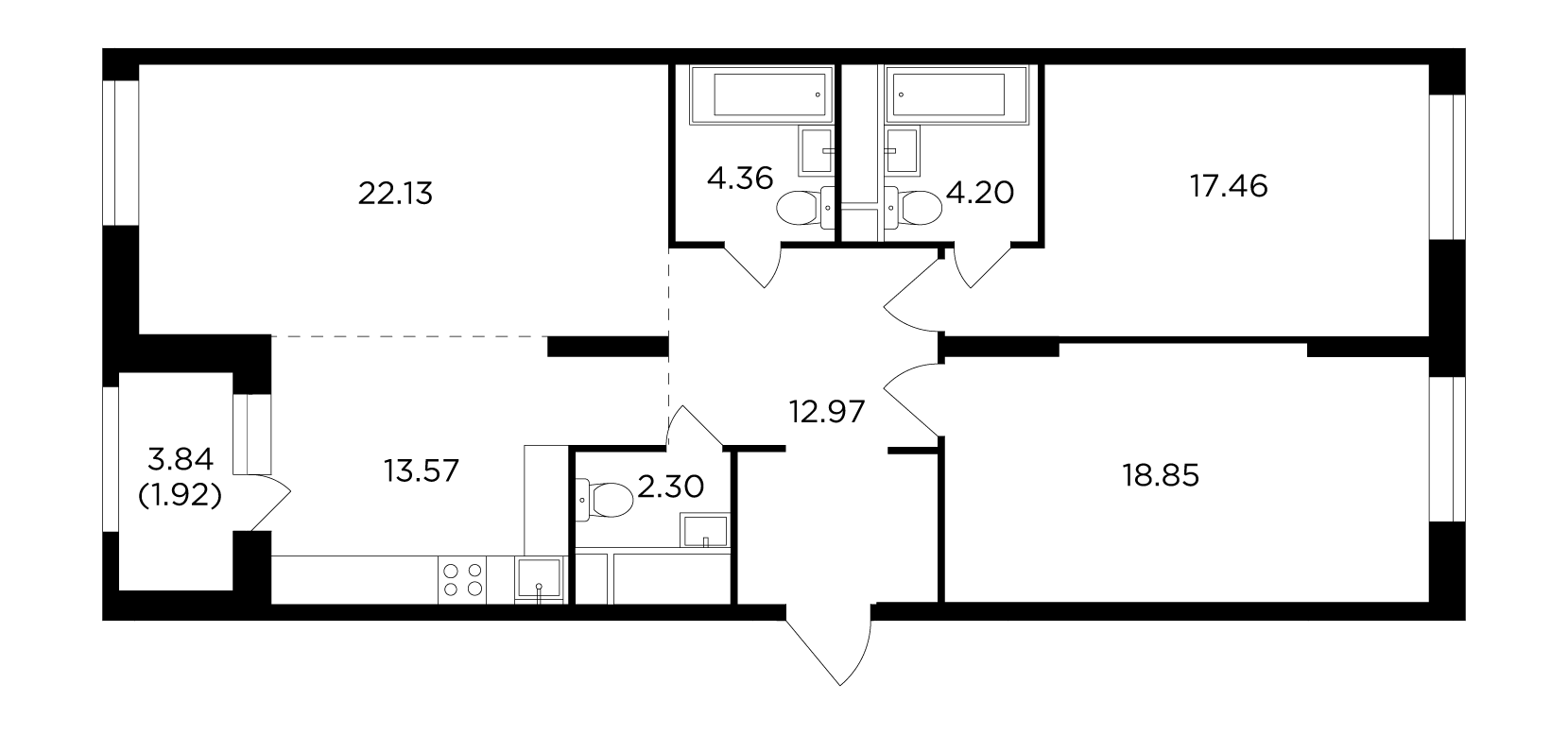 3 комн. квартира, 97.7 м², 25 этаж 