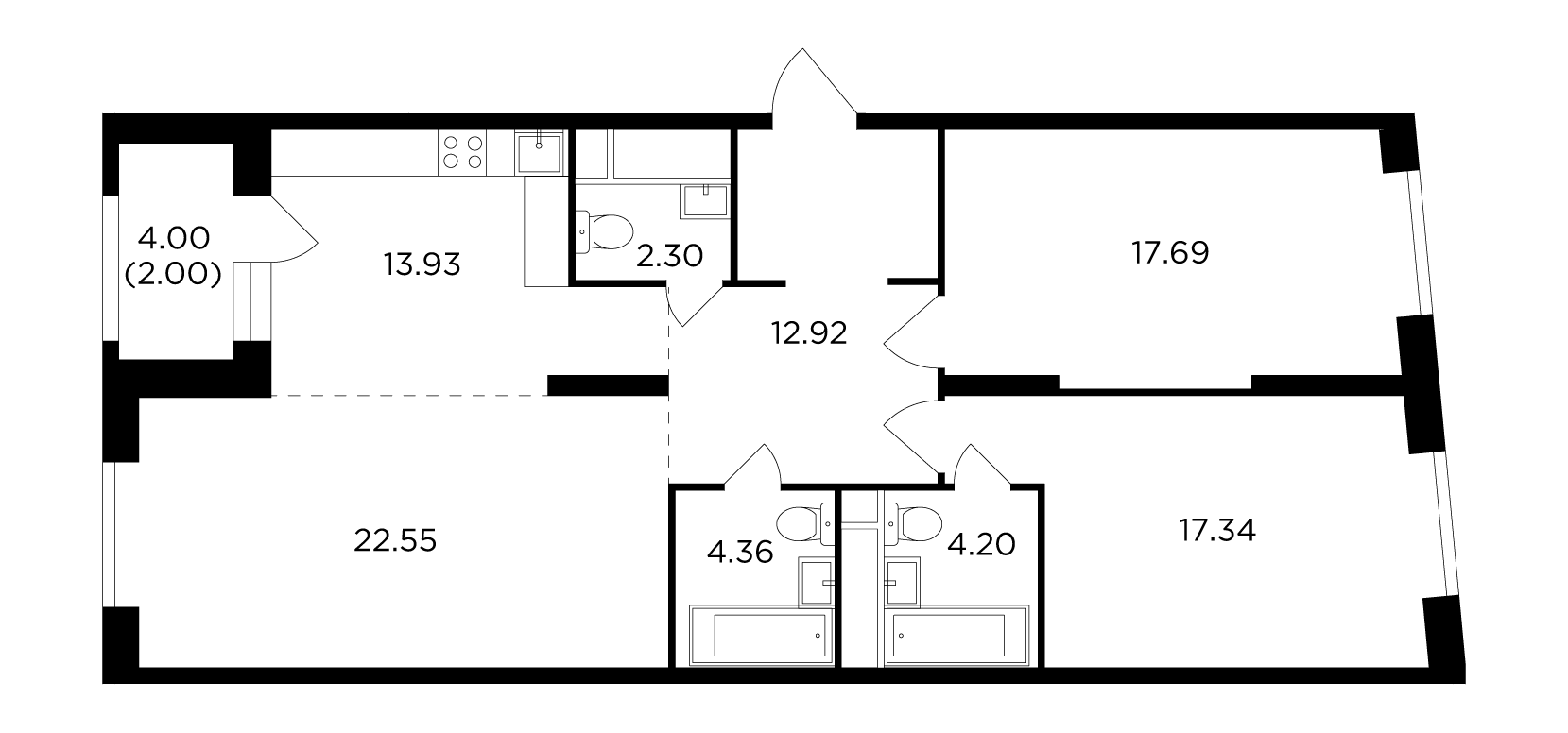 3 комн. квартира, 95.5 м², 29 этаж 