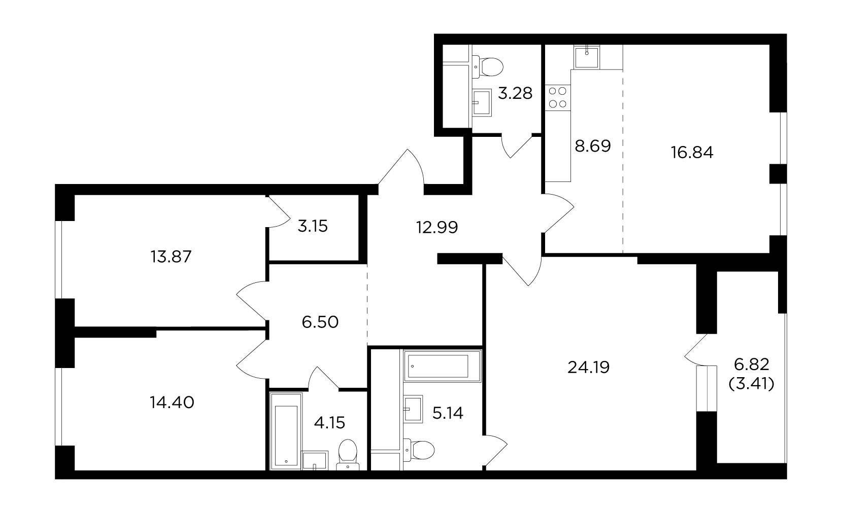 4 комн. квартира, 114.8 м², 30 этаж 