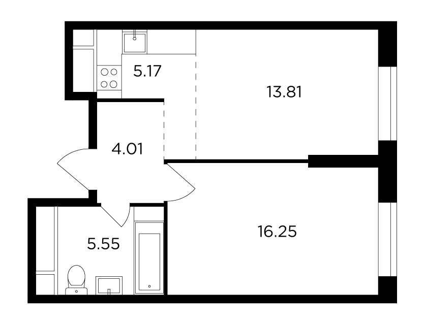 2 комн. квартира, 44.8 м², 21 этаж 