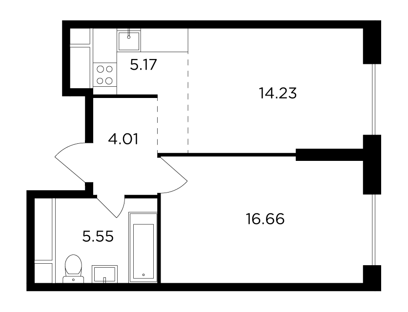 2 комн. квартира, 45 м², 29 этаж 
