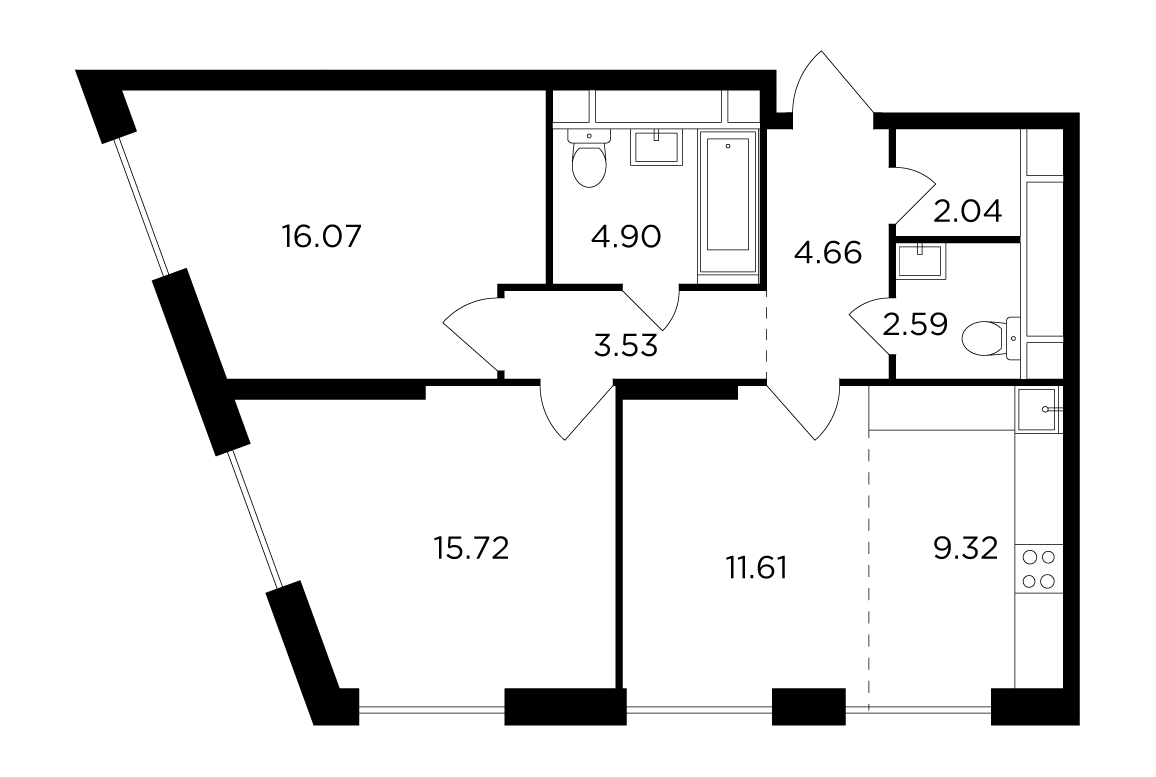 3 комн. квартира, 68.4 м², 30 этаж 