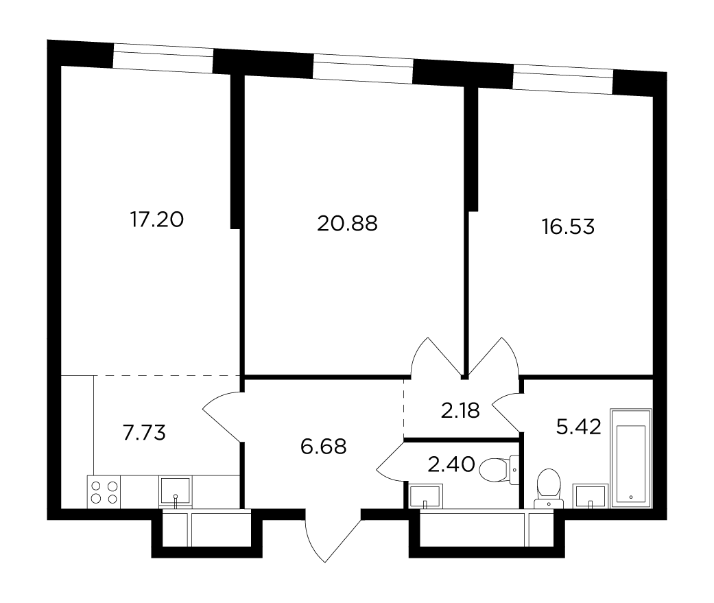 3 комн. квартира, 79.2 м², 24 этаж 