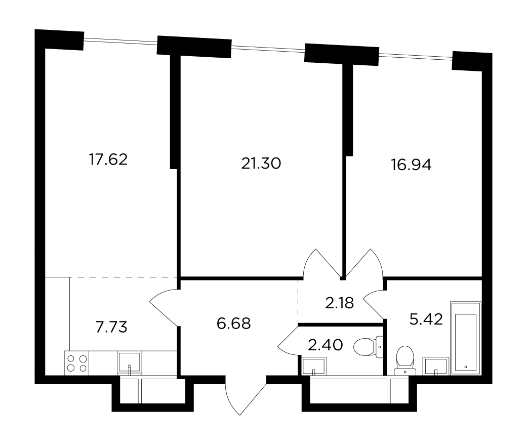 3 комн. квартира, 79.2 м², 29 этаж 