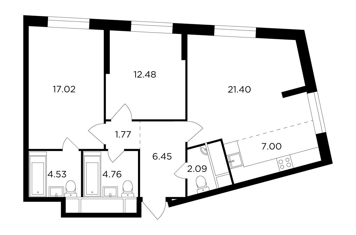 3 комн. квартира, 77.6 м², 24 этаж 