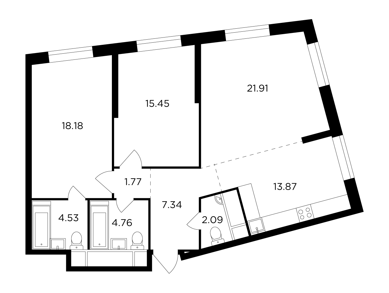 3 комн. квартира, 90.2 м², 7 этаж 