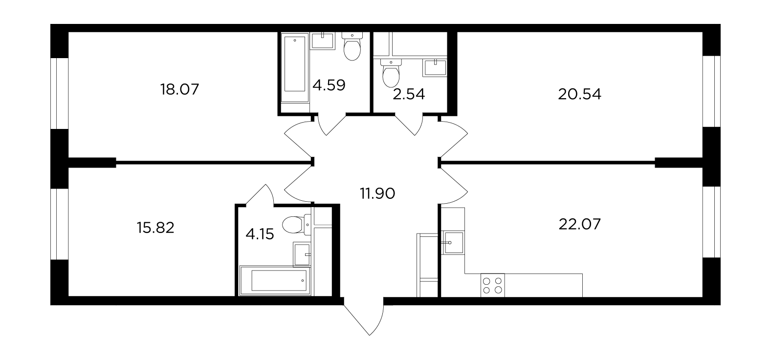 3 комн. квартира, 99.6 м², 18 этаж 