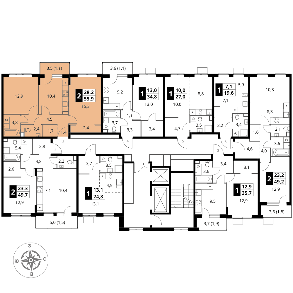 2 комн. квартира, 55.9 м², 16 этаж 