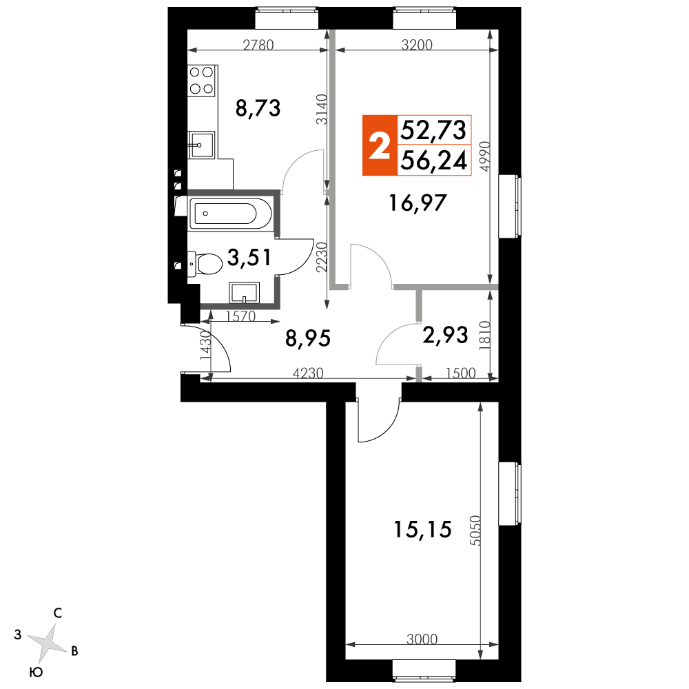 2 комн. квартира, 54.9 м², 1 этаж 